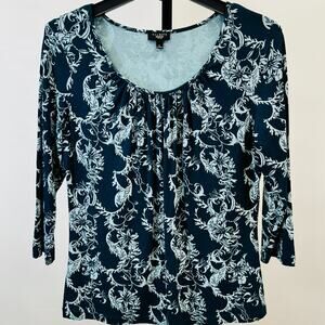Talbots Floral Print Round Neck Women's Petite L 3/4 Sleeve Top T Shirt Teal